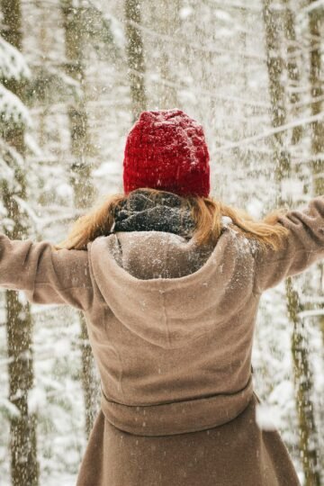 Vegan Winter Coat Girl in Snow Forrest