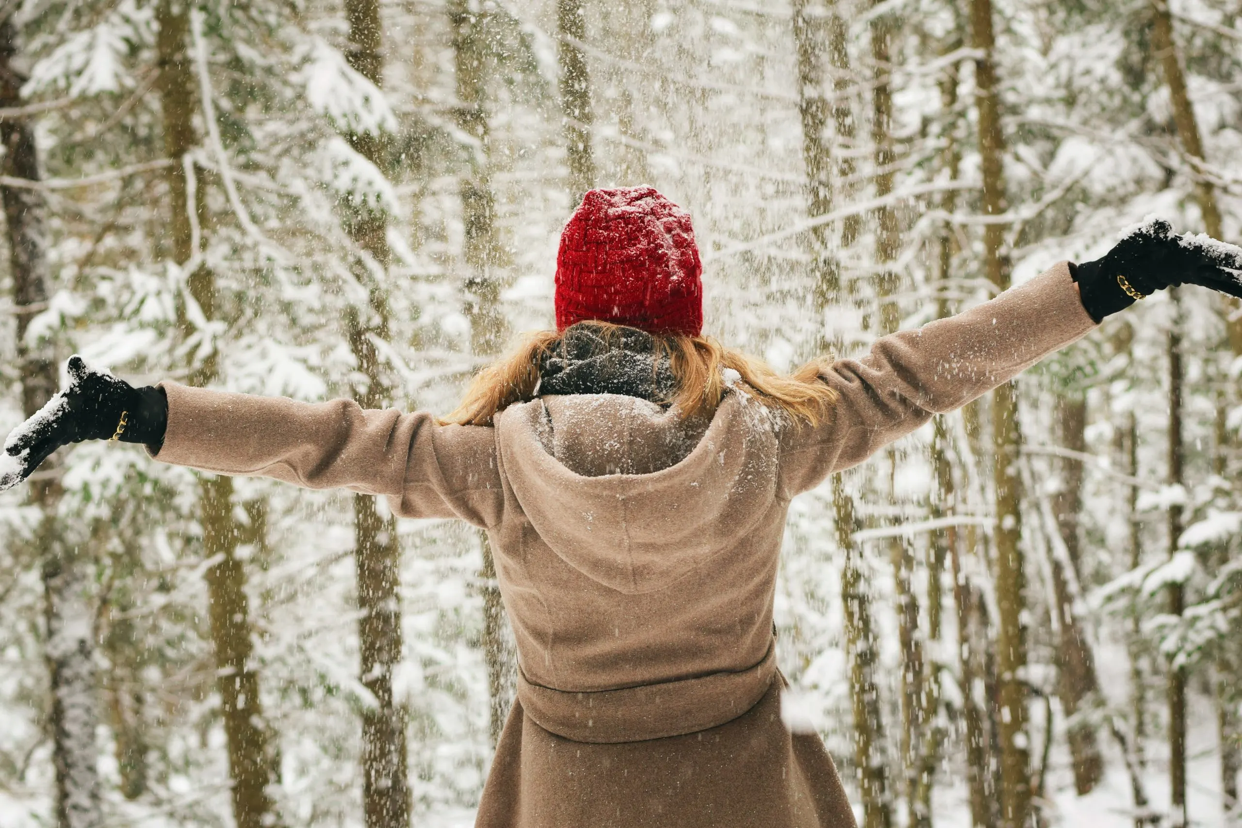Vegan Winter Coat Girl in Snow Forrest