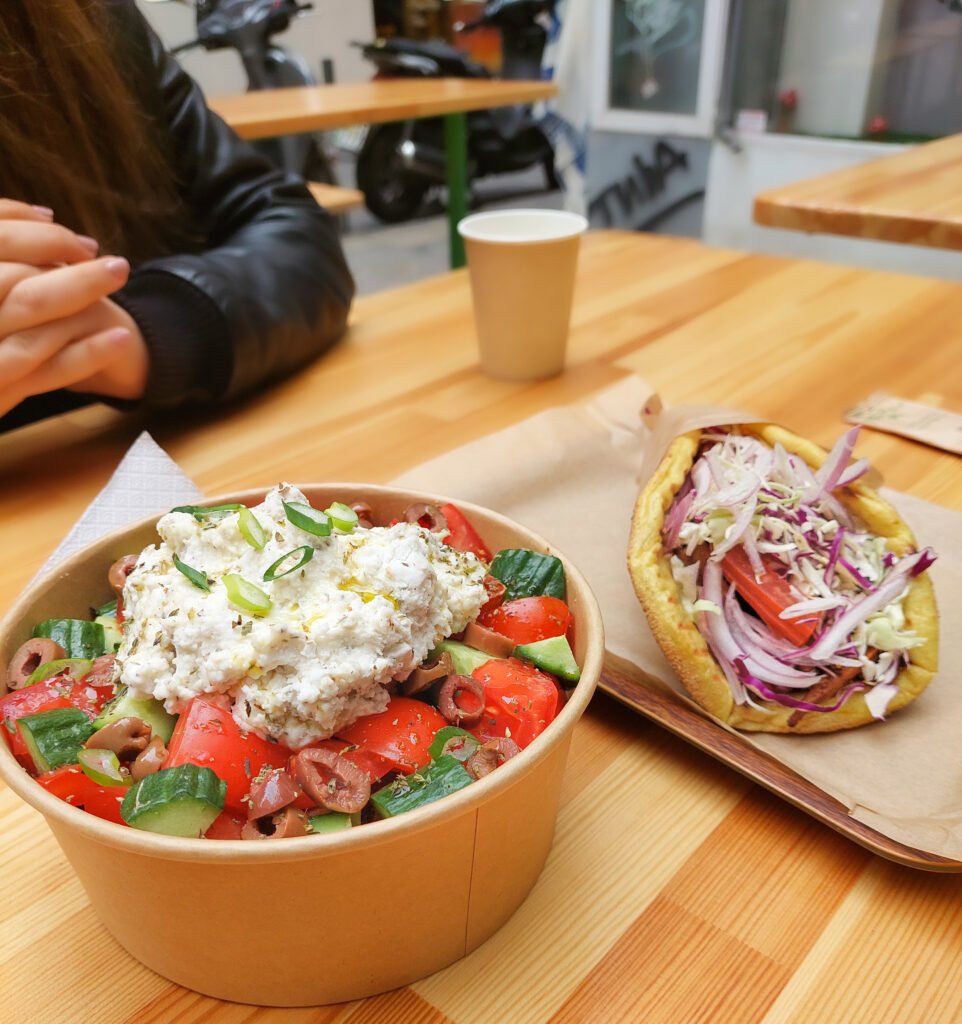 The Space Gyro and Greek Dakos salad at the Vegan Beat - Vegan Restaurants in Athens