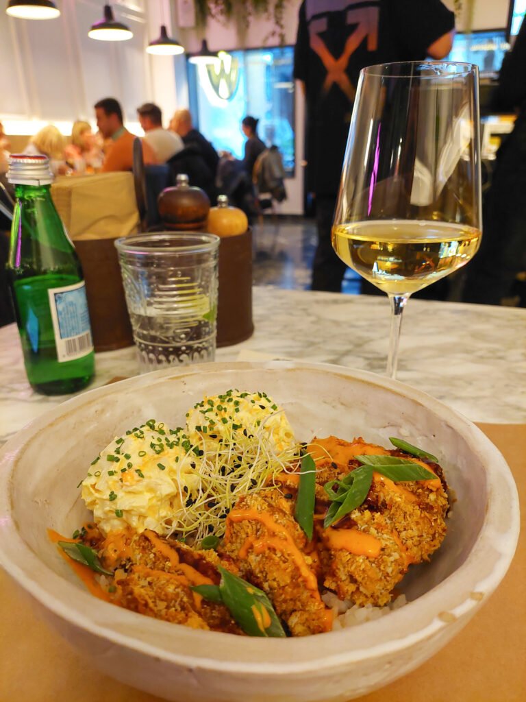 Vegan Fried Chicken with macaroni salad and rice from Winners vegan restaurant in Athens