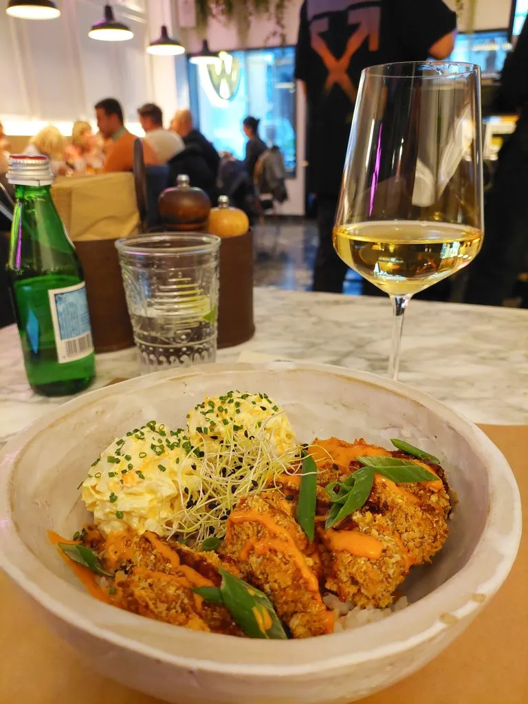 Vegan Fried Chicken with macaroni salad and rice from Winners vegan restaurant in Athens