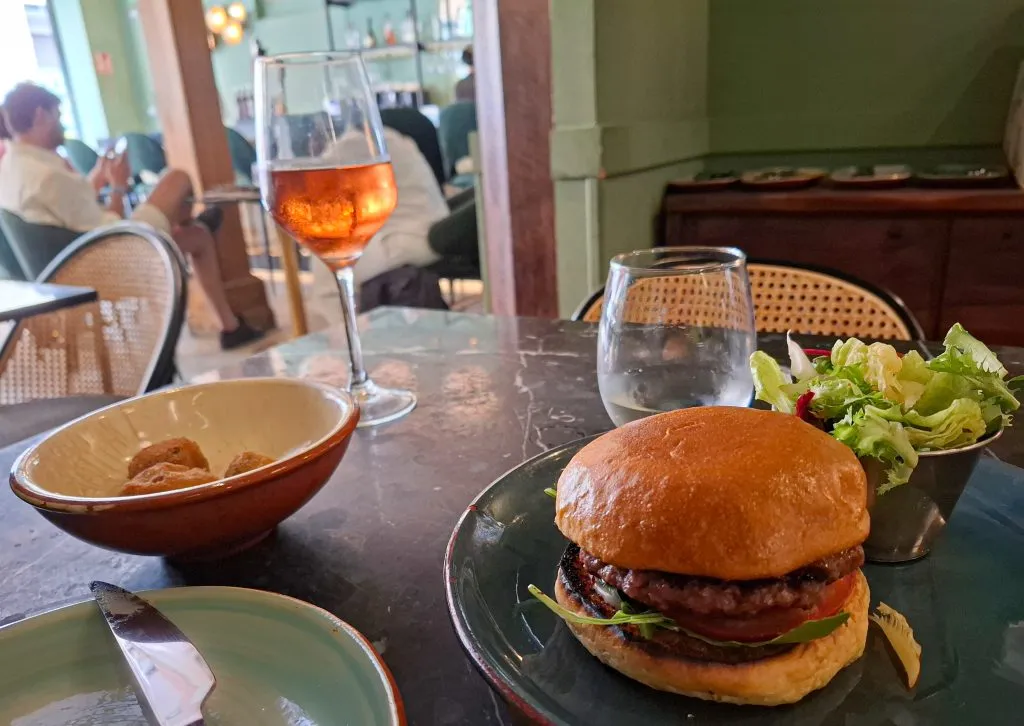 Vegan Burger and croquetta at Velada Vegan Restaurant in Barcelona