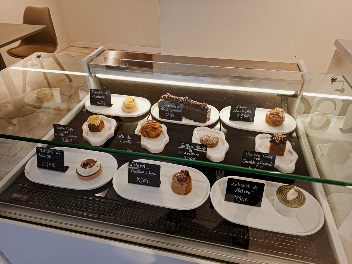 Pastry case at Benevola Vegan Pastry Shop in Barcelona